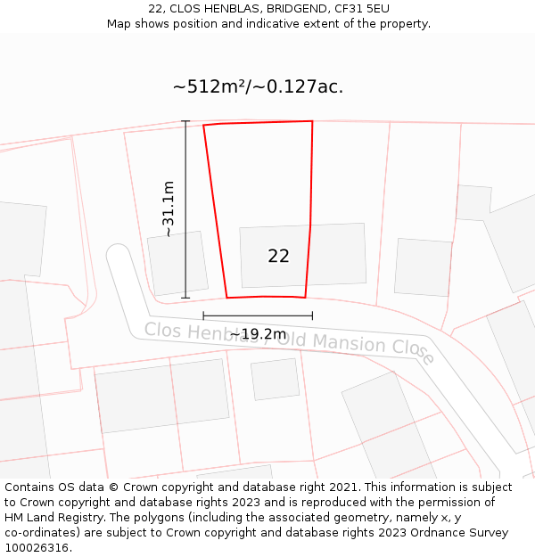 22, CLOS HENBLAS, BRIDGEND, CF31 5EU: Plot and title map