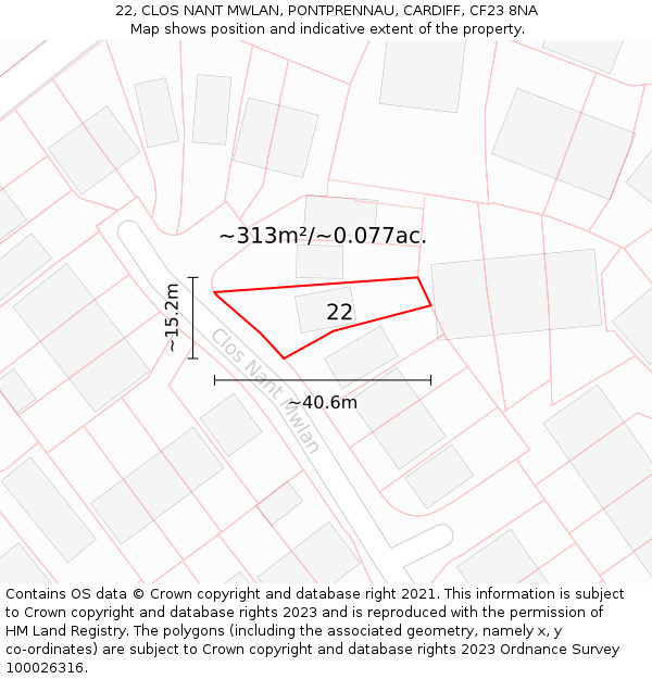 22, CLOS NANT MWLAN, PONTPRENNAU, CARDIFF, CF23 8NA: Plot and title map