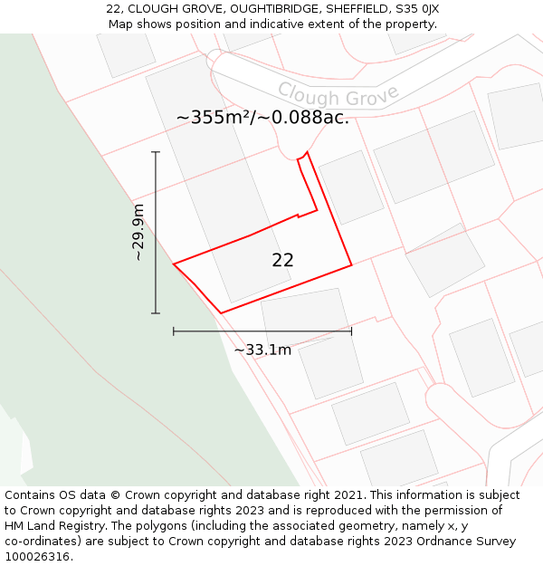 22, CLOUGH GROVE, OUGHTIBRIDGE, SHEFFIELD, S35 0JX: Plot and title map