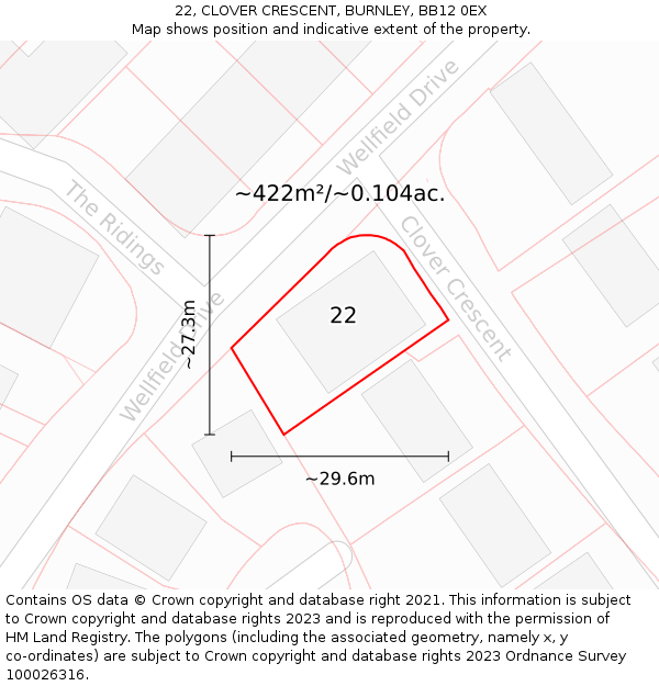 22, CLOVER CRESCENT, BURNLEY, BB12 0EX: Plot and title map