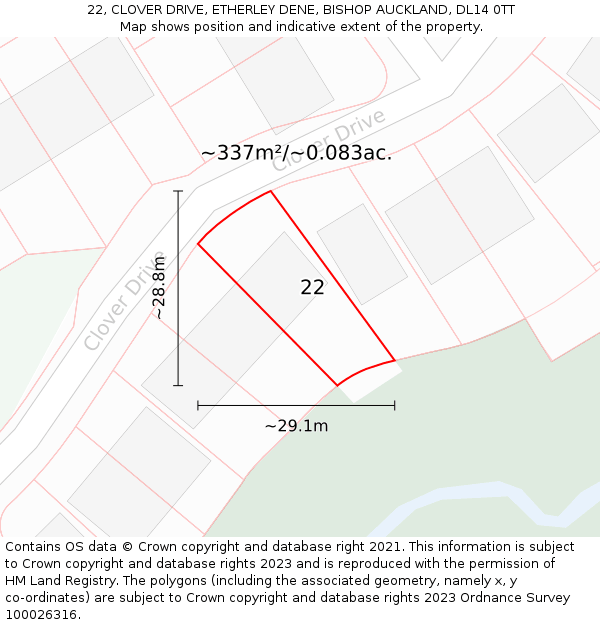 22, CLOVER DRIVE, ETHERLEY DENE, BISHOP AUCKLAND, DL14 0TT: Plot and title map