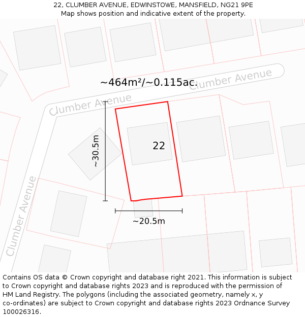 22, CLUMBER AVENUE, EDWINSTOWE, MANSFIELD, NG21 9PE: Plot and title map