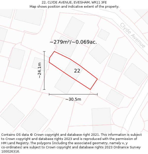 22, CLYDE AVENUE, EVESHAM, WR11 3FE: Plot and title map