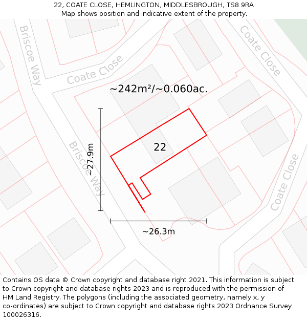 22, COATE CLOSE, HEMLINGTON, MIDDLESBROUGH, TS8 9RA: Plot and title map