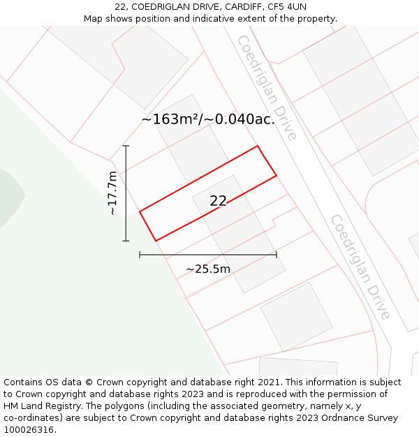 22, COEDRIGLAN DRIVE, CARDIFF, CF5 4UN: Plot and title map