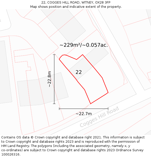 22, COGGES HILL ROAD, WITNEY, OX28 3FP: Plot and title map