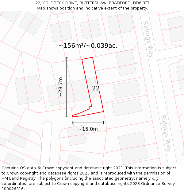 22, COLDBECK DRIVE, BUTTERSHAW, BRADFORD, BD6 3TT: Plot and title map