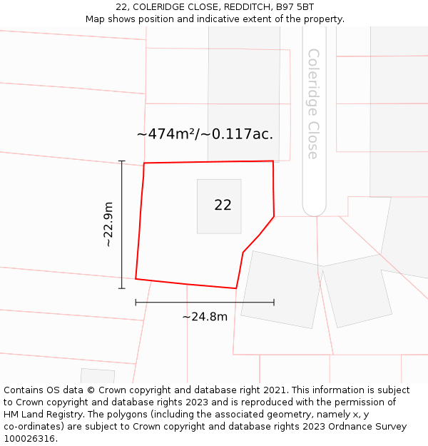 22, COLERIDGE CLOSE, REDDITCH, B97 5BT: Plot and title map