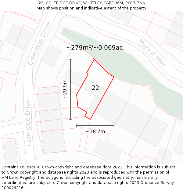 22, COLERIDGE DRIVE, WHITELEY, FAREHAM, PO15 7NN: Plot and title map