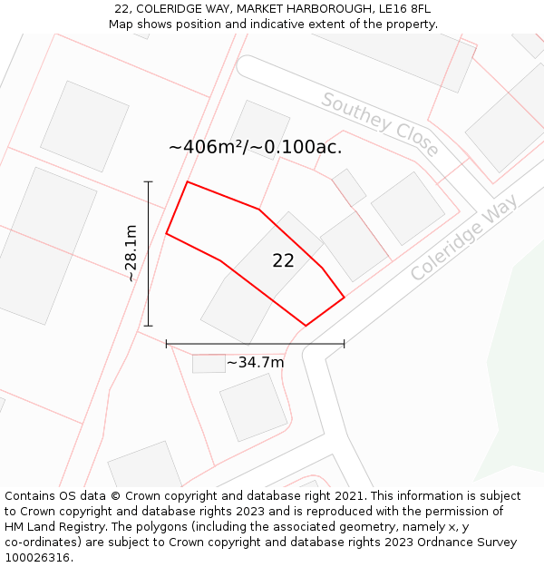 22, COLERIDGE WAY, MARKET HARBOROUGH, LE16 8FL: Plot and title map