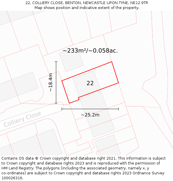 22, COLLIERY CLOSE, BENTON, NEWCASTLE UPON TYNE, NE12 9TR: Plot and title map