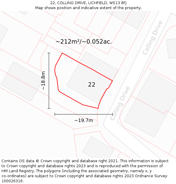22, COLLING DRIVE, LICHFIELD, WS13 8FJ: Plot and title map