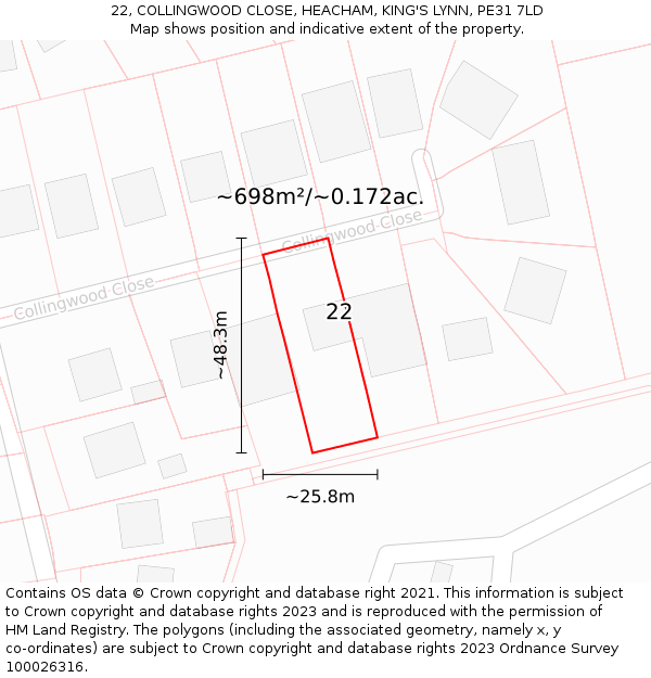 22, COLLINGWOOD CLOSE, HEACHAM, KING'S LYNN, PE31 7LD: Plot and title map