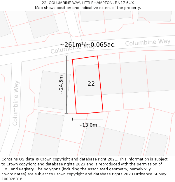 22, COLUMBINE WAY, LITTLEHAMPTON, BN17 6UX: Plot and title map