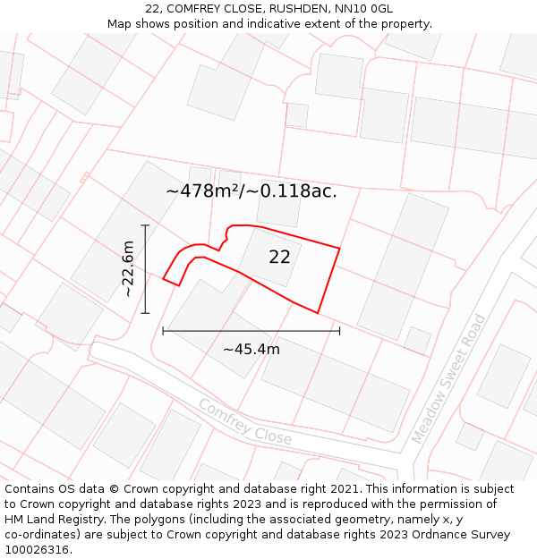 22, COMFREY CLOSE, RUSHDEN, NN10 0GL: Plot and title map