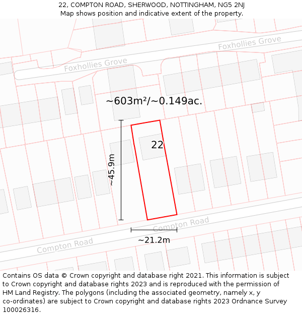 22, COMPTON ROAD, SHERWOOD, NOTTINGHAM, NG5 2NJ: Plot and title map