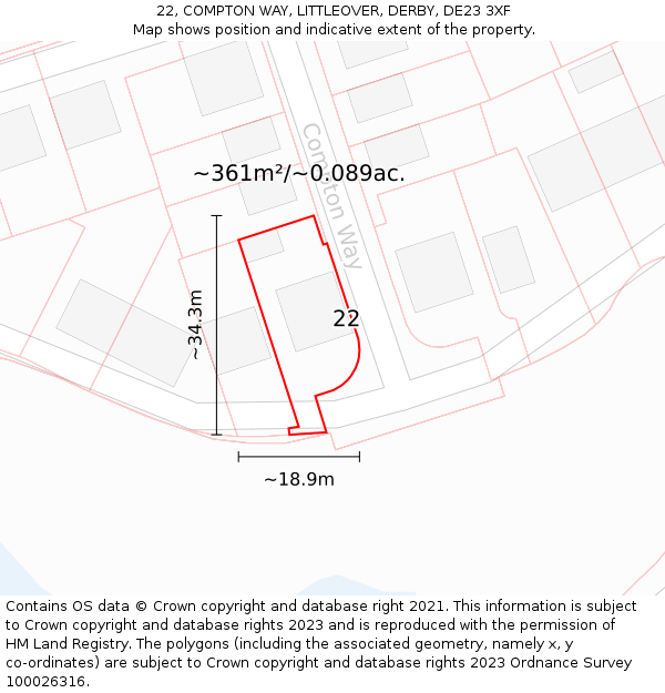 22, COMPTON WAY, LITTLEOVER, DERBY, DE23 3XF: Plot and title map