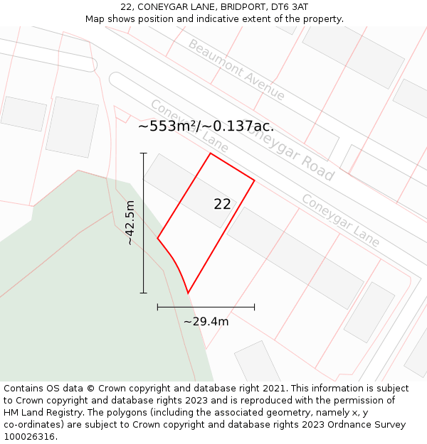 22, CONEYGAR LANE, BRIDPORT, DT6 3AT: Plot and title map