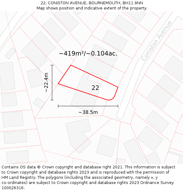 22, CONISTON AVENUE, BOURNEMOUTH, BH11 9NN: Plot and title map