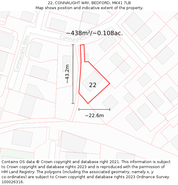 22, CONNAUGHT WAY, BEDFORD, MK41 7LB: Plot and title map