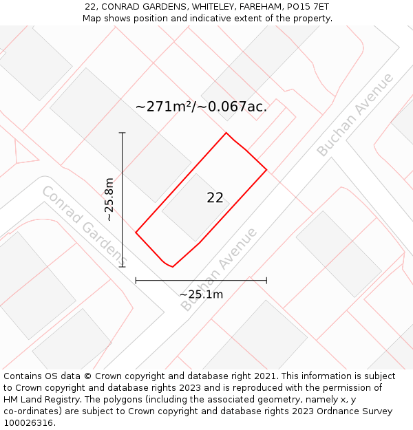22, CONRAD GARDENS, WHITELEY, FAREHAM, PO15 7ET: Plot and title map