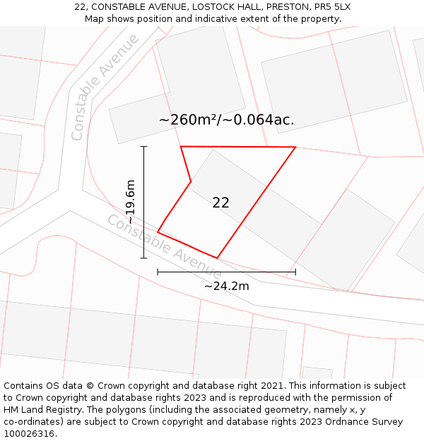 22, CONSTABLE AVENUE, LOSTOCK HALL, PRESTON, PR5 5LX: Plot and title map