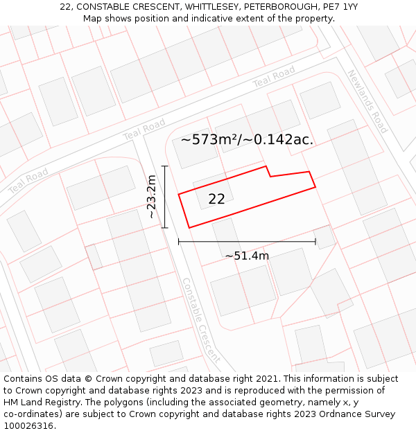 22, CONSTABLE CRESCENT, WHITTLESEY, PETERBOROUGH, PE7 1YY: Plot and title map