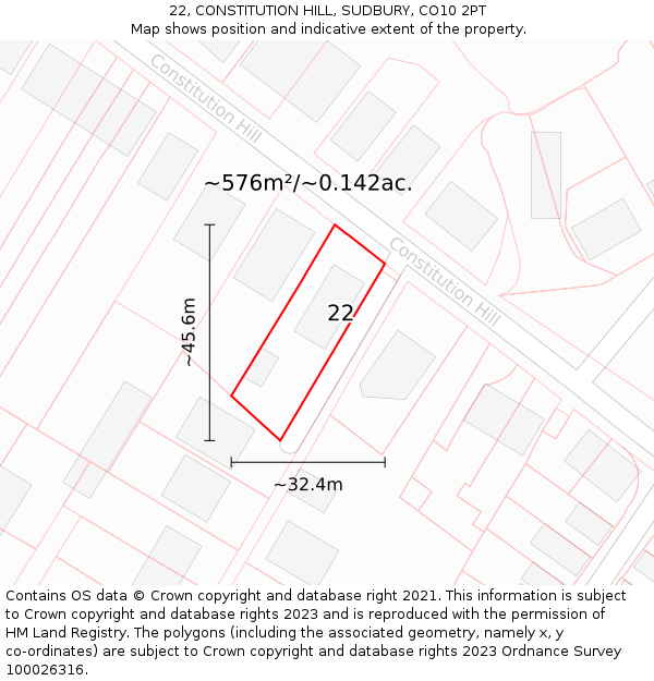 22, CONSTITUTION HILL, SUDBURY, CO10 2PT: Plot and title map