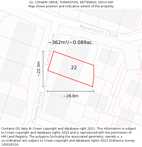 22, CONWAY DRIVE, THRAPSTON, KETTERING, NN14 4XP: Plot and title map