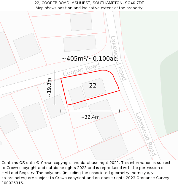 22, COOPER ROAD, ASHURST, SOUTHAMPTON, SO40 7DE: Plot and title map