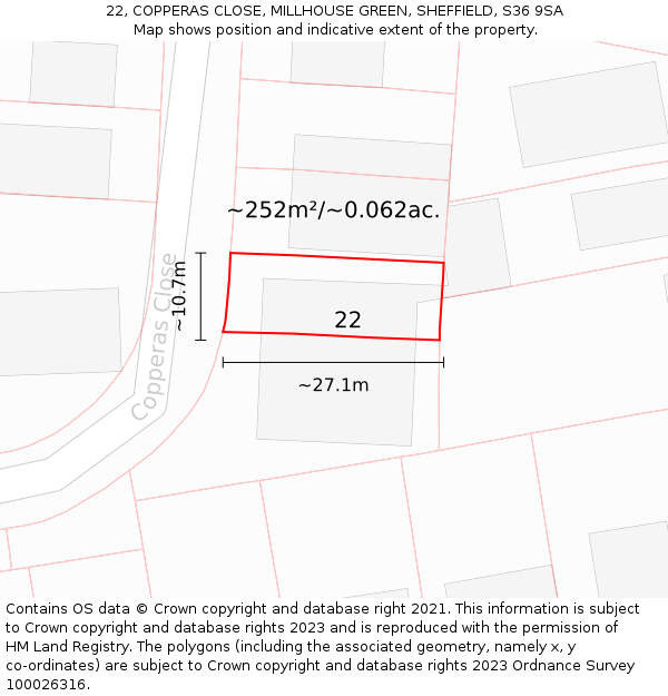 22, COPPERAS CLOSE, MILLHOUSE GREEN, SHEFFIELD, S36 9SA: Plot and title map