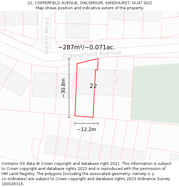 22, COPPERFIELD AVENUE, OWLSMOOR, SANDHURST, GU47 0GZ: Plot and title map