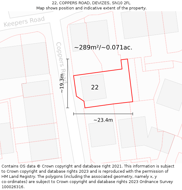 22, COPPERS ROAD, DEVIZES, SN10 2FL: Plot and title map