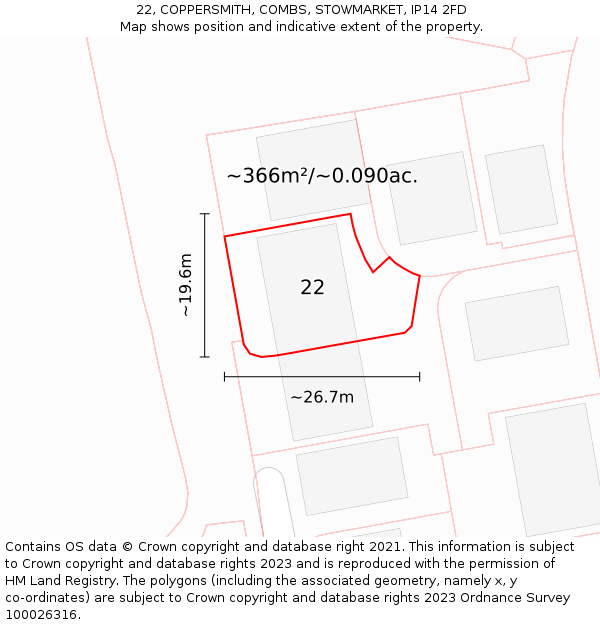22, COPPERSMITH, COMBS, STOWMARKET, IP14 2FD: Plot and title map