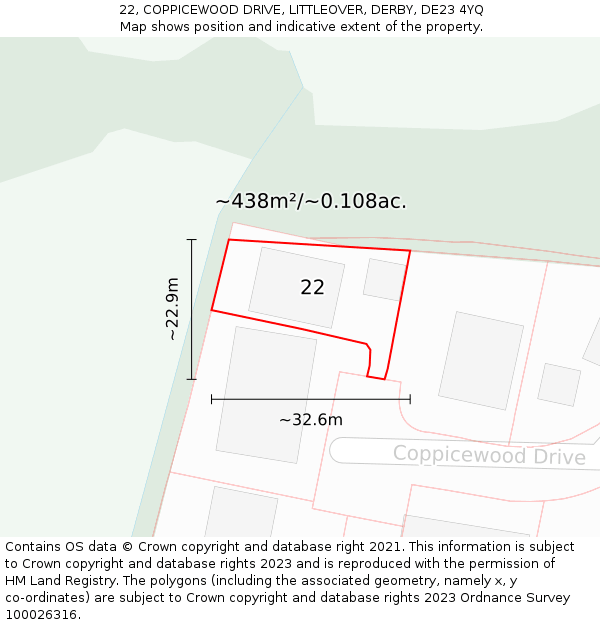 22, COPPICEWOOD DRIVE, LITTLEOVER, DERBY, DE23 4YQ: Plot and title map