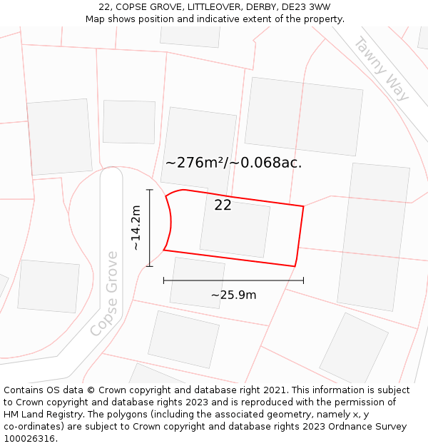 22, COPSE GROVE, LITTLEOVER, DERBY, DE23 3WW: Plot and title map