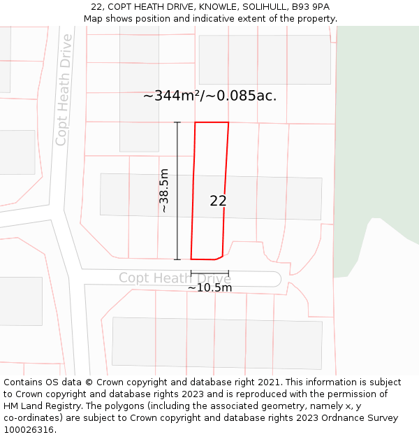 22, COPT HEATH DRIVE, KNOWLE, SOLIHULL, B93 9PA: Plot and title map