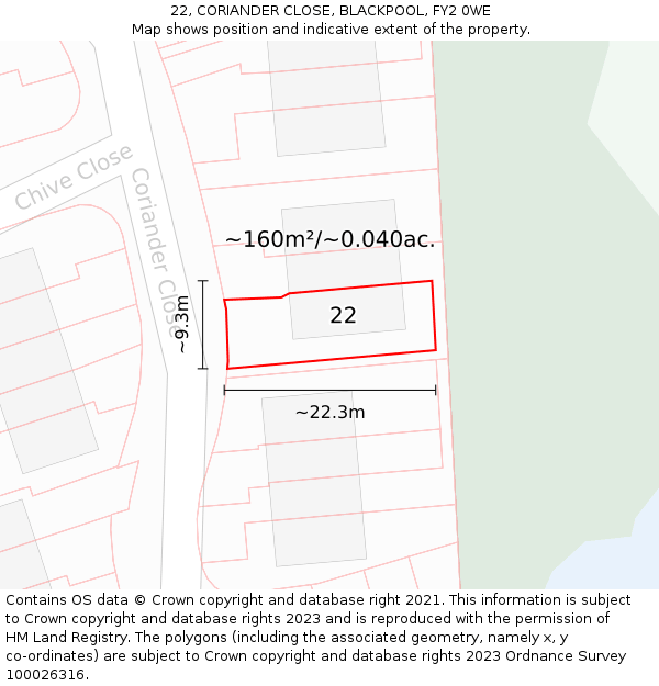 22, CORIANDER CLOSE, BLACKPOOL, FY2 0WE: Plot and title map