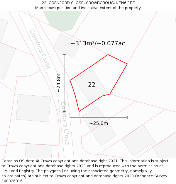 22, CORNFORD CLOSE, CROWBOROUGH, TN6 1EZ: Plot and title map