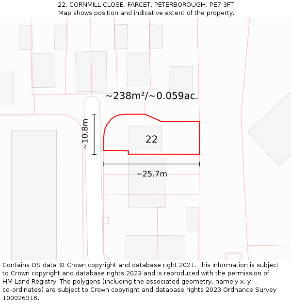22, CORNMILL CLOSE, FARCET, PETERBOROUGH, PE7 3FT: Plot and title map