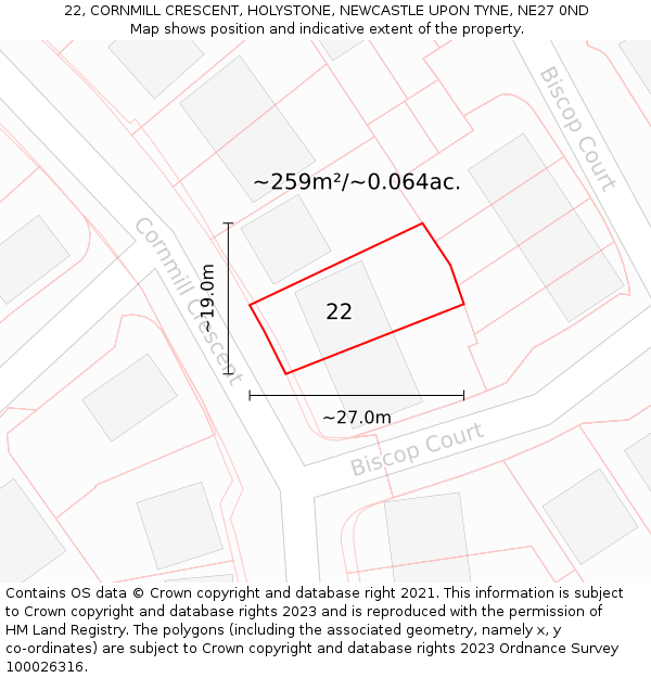 22, CORNMILL CRESCENT, HOLYSTONE, NEWCASTLE UPON TYNE, NE27 0ND: Plot and title map