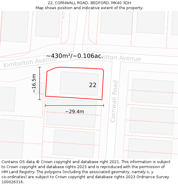 22, CORNWALL ROAD, BEDFORD, MK40 3DH: Plot and title map