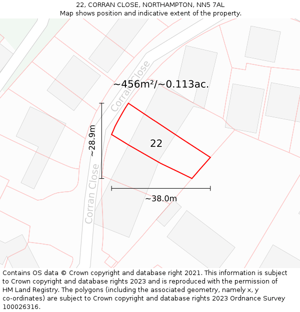 22, CORRAN CLOSE, NORTHAMPTON, NN5 7AL: Plot and title map