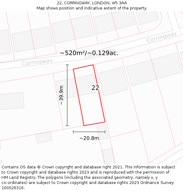 22, CORRINGWAY, LONDON, W5 3AA: Plot and title map
