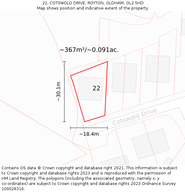 22, COTSWOLD DRIVE, ROYTON, OLDHAM, OL2 5HD: Plot and title map