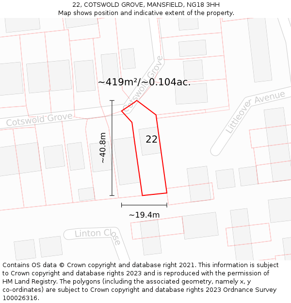 22, COTSWOLD GROVE, MANSFIELD, NG18 3HH: Plot and title map