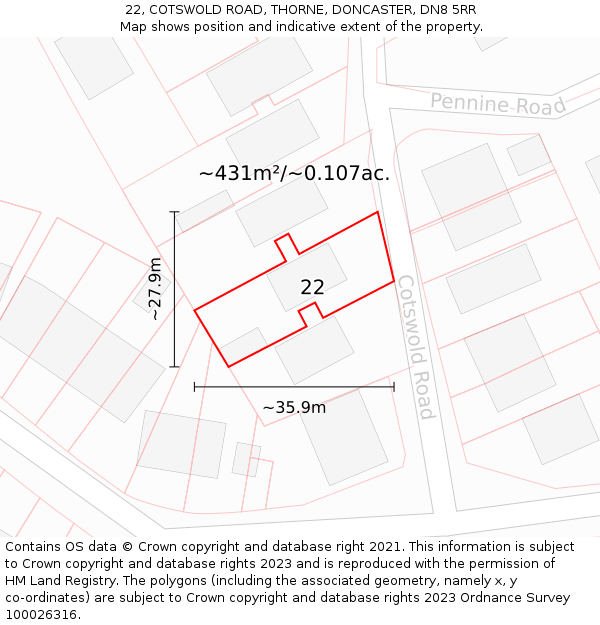 22, COTSWOLD ROAD, THORNE, DONCASTER, DN8 5RR: Plot and title map
