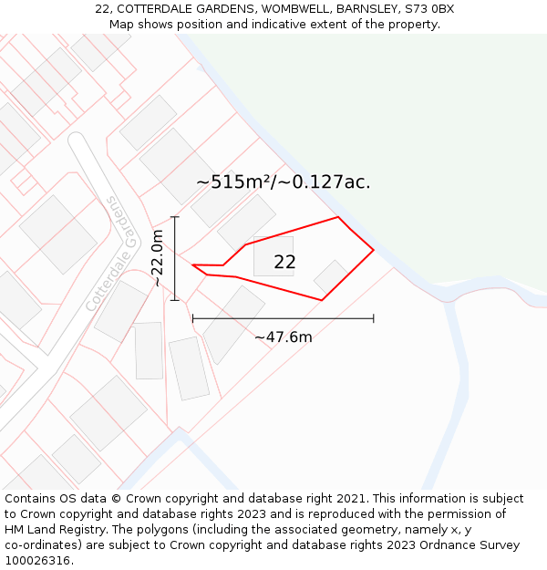22, COTTERDALE GARDENS, WOMBWELL, BARNSLEY, S73 0BX: Plot and title map