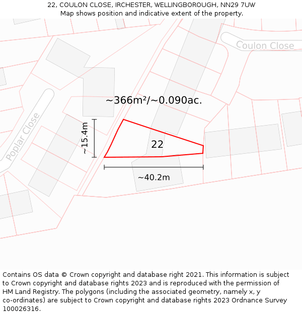22, COULON CLOSE, IRCHESTER, WELLINGBOROUGH, NN29 7UW: Plot and title map