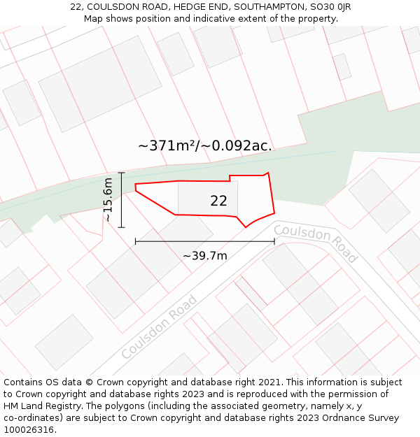 22, COULSDON ROAD, HEDGE END, SOUTHAMPTON, SO30 0JR: Plot and title map